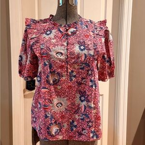 LOFT Pink Floral Ruffle-Yoke Short Sleeve Blouse